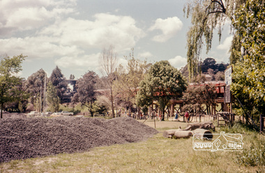 Photograph, Russell Yeoman, Onlookers watch from below as a steam train passes over the trestle bridge at Eltham, c.1970, 1970c