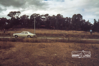 Photograph, Land size highlighted by Tiny and Carla Vermey standing at each corner, 1979