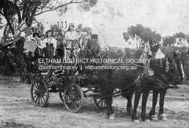 Photograph, Gala Day, Panton Hill, 1916. Mr. W. Smith and Horse Float. Passengers include: Beatrice and Ruby Cracknell, Lily Harris, Rose Smith