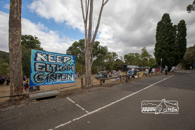 Photograph, Members of the community gather on the site of the former Shire of Eltham offices, Save Community Reserves Rally, Main Road, Eltham, 4 March 2018, 4/3/2018