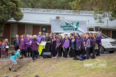 Photograph, The Chocolate Lilies Choir kick off the entertainment, Save Community Reserves Rally, Main Road, Eltham, 4 March 2018, 4/3/2018