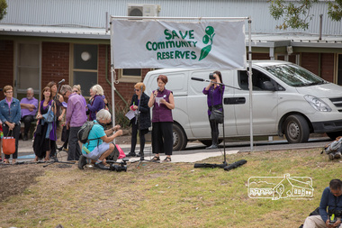 Photograph, Nerida Kirov, one of the rally organisers, addresses the crowd, Save Community Reserves Rally, Main Road, Eltham, 4 March 2018, 4/3/2018