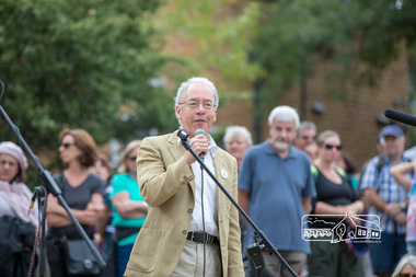 Photograph, Historian, Andrew Lemon addresses the crowd, Save Community Reserves Rally, Main Road, Eltham, 4 March 2018, 4/3/2018