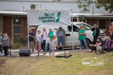 Photograph, Former Mayor, Margaret Jennings addresses the crowd, Save Community Reserves Rally, Main Road, Eltham, 4 March 2018, 4/3/2018