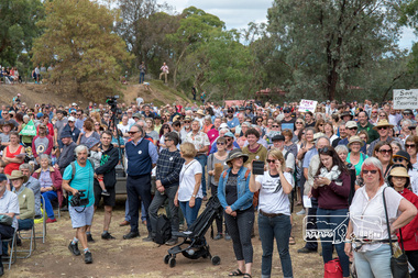 Photograph, Greg Champion entertains the crowd, Save Community Reserves Rally, Main Road, Eltham, 4 March 2018, 4/3/2018