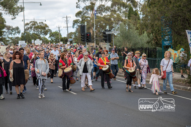 Photograph, Percussion accompaniment at the head of the march, Save Community Reserves Rally, Main Road, Eltham, 4 March 2018, 4/3/2018
