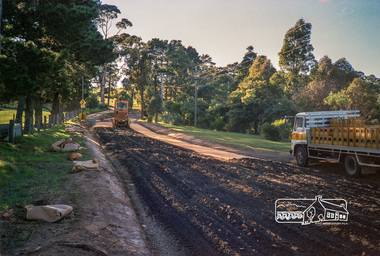 Photograph, Roadworks prior to sealing along Mount Pleasant Road near the junction with Reynolds Road, Eltham, c.1988, 1988c