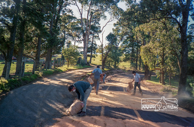 Photograph, Roadworks prior to sealing along Mount Pleasant Road near the junction with Reynolds Road, Eltham, c.1988, 1988c