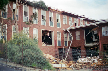 Negative - Photograph, Harry Gilham, Demolition of Eltham Shire Offices (North Wing viewed from Senior Citizens' Centre), 895 Main Road, Eltham, Aug. 1996