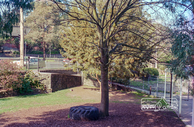 Negative - Photograph, Harry Gilham, Garden at front of Eltham Kinder and War Memorial buildings, Main Road, Eltham, Aug. 1996