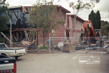 Negative - Photograph, Harry Gilham, South wing end wall about to fall: Demolition of Eltham Shire Offices, 895 Main Road, Eltham, Aug. 1996