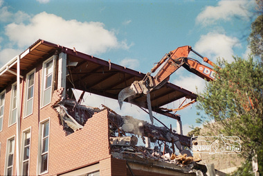 Negative - Photograph, Harry Gilham, South wing from Library drive (bluestone wall): Demolition of Eltham Shire Offices, 895 Main Road, Eltham, Aug. 1996