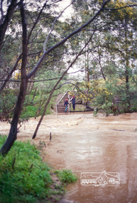 Negative - Photograph, Harry Gilham, Diamond Creek in flood, looking west towards Eltham High School (across submerged footbridge), c.Aug. 1996