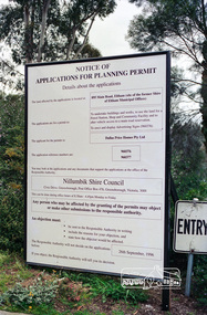 Negative - Photograph, Harry Gilham, Notice of Application for Planning Permit for the site of the former Shire of Eltham Office, 895 Main Road, Eltham, c.Aug. 1996