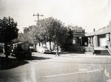 Photograph, Ian McDonald, Main Road, Eltham, corner of Arthur Street showing Shire Hall and Shire Office, 4 January 1968, 04/01/1968
