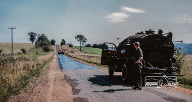Photograph, Fred Mitchell, Bitumen sprayer for sealing Eltham-Kangaroo Ground Road, 1954