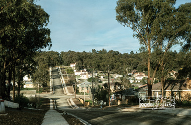 Photograph, Fred Mitchell, Looking east from the top of the hill on Bridge Street down towards Bible Street, Eltham, 1968