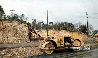 Photograph, Fred Mitchell, Reconstruction of the corner of Bridge Street and Main Road, Eltham, during duplication works, 1968, 1968