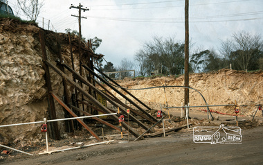Photograph, Fred Mitchell, Reconstruction of the corner of Bridge Street and Main Road, Eltham, during duplication works, 1968, 1968