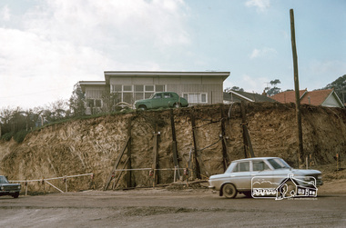 Photograph, Fred Mitchell, Reconstruction of the corner of Bridge Street and Main Road, Eltham, during duplication works, 1968