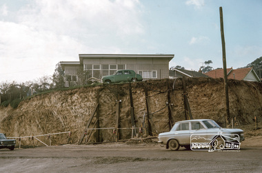 Photograph, Fred Mitchell, Reconstruction of the corner of Bridge Street and Main Road, Eltham, during duplication works, 1968, 1968