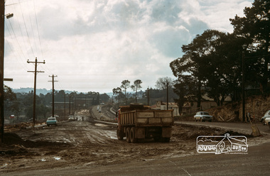 Photograph, Fred Mitchell, Main Road duplication at intersection with Bridge Street, Eltham, 1968