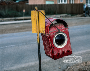 Photograph, Fred Mitchell, Kerosene warning lantern during road widening of Main Road, Eltham, 1968, 1968