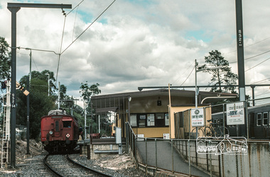 Photograph, Fred Mitchell, Tait and Hitachi trains, Eltham Railway Station, 1983