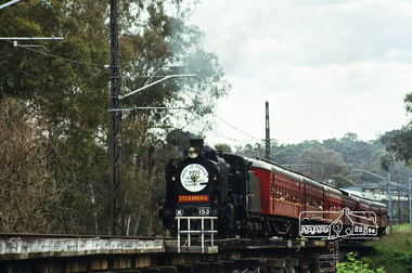 Photograph, Fred Mitchell, Steamrail's Steam Locomotive K-153 passes over the Railway Trestle Bridge, Eltham, 14-15 November 1992, 1992