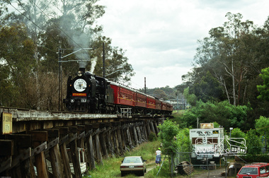 Photograph, Fred Mitchell, Steamrail's Steam Locomotive K-153 passes over the Railway Trestle Bridge, Eltham, 14-15 November 1992, 1992