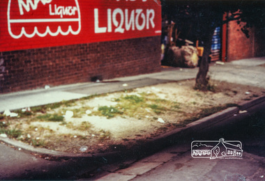 Photograph, Footpath and nature strip outside Mac's Liquor in Pryor Street, Eltham prior to upgrade works, c.1985, 1985c
