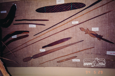 Photograph, Aboriginal artefacts at the Warrandyte Museum (former Post Office); Warrandyte Mystery Tour, 29 May 1994, 29/05/1994