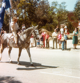 Photograph, Jock Read riding his horse, Lofty and leading the Eltham Community Festival Parade, 1980, 1980
