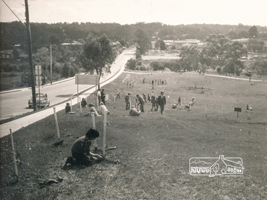 Photograph, ELTHAM ARBOR DAY 1973 - Alistair Knox with school children of the Shire of Eltham, Vic, planting native trees in the Town Park, 10 October 1973, 1973-10-10