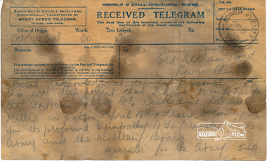 Telegram, Victoria Barracks, Melbourne to Mrs Annie Castledine, Old Eltham Road, Lower Plenty, 3 May 1941