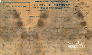 Telegram, Telegram, Victoria Barracks, Melbourne to Mrs Annie Castledine, Old Eltham Road, Lower Plenty, 3 May 1941, 3 May 1941