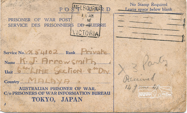 Post Card, Post Card sent to Private K.J. Arrowsmith, VX54102, 6th Line Section, 8 Div, Malaya via Prisoner of War Post,  16 June 1944 (received 14 June 1945), 16 Jun 1944