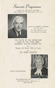 Souvenir Program, J.S., McClelland Pty Ltd, Souvenir Programme: The Laying of the Foundation Stone of the Judge Book Village, Eltham, Vic. on Monday, 5th March, 1956, at 3 p.m. by The Prime Minister, 1956