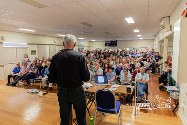 Photograph, Peter Pidgeon, Greg Johnson moves a motion to present to Council the community's view regarding the proposed land sale/development; Eltham Community Town Hall Meeting, Eltham Senior Citizen's Centre, 13 October 2018, 13 Oct 2018