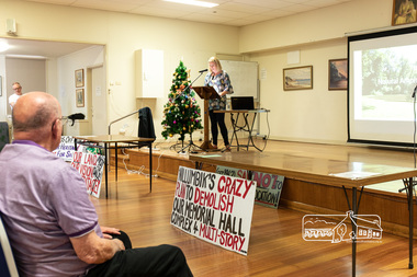 Photograph, Peter Pidgeon, Sharon Bonga, local Eltham resident and member of  Save Community Reserves and the Eltham Community Action Group; Eltham Community Town Hall Meeting, Eltham Senior Citizen's Centre, 9 December 2018, 9 Dec 2018