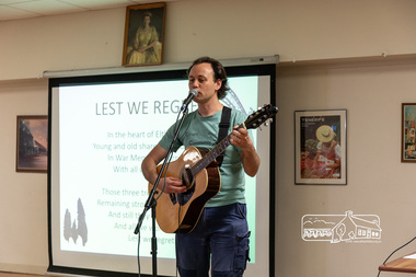 Photograph, Peter Pidgeon, Christian Kuhlmann presents his song "Lest We Regret"; Eltham Community Town Hall Meeting, Eltham Senior Citizen's Centre, 9 December 2018, 9 Dec 2018