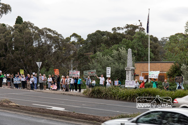 Photograph, Peter Pidgeon, Protest group photo shoot outside the Eltham War Memorial, Main Road, following following the Eltham Community Town Hall Meeting, 9 December 2018, 9 Dec 2018