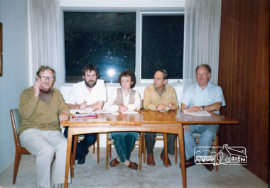 Photograph, Meeting of Shire of Eltham Historical Society Committee members at the Shire Offices, 895 Main Road, Eltham, c.1985, 1985c