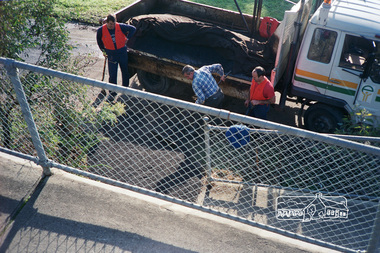 Photograph, Shire of Eltham maintenance works to pedestrian access at Sackville Street from Main Road, Eltham, c.September 1988, 1988c