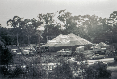 Slide - Photograph, Grace Mitchell, Ashtons Circus set up in Bremner's Reserve, Main Road, Eltham, c.1955