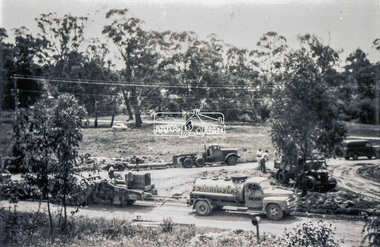 Slide - Photograph, Grace Mitchell, Roadworks at intersection of Main Road and Mount Pleasant Road, Eltham, c.1962