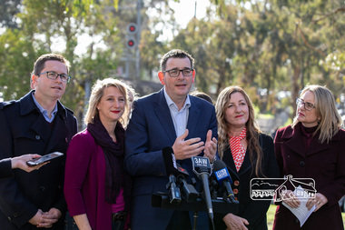 Photograph, Peter Pidgeon, Victorian Labor Government Press Release announcing planned upgrades to Hurstbridge line rail services and protection of historic Railway Trestle Bridge, Panther Place, Eltham, 1 August 2018, 1 Aug 2018