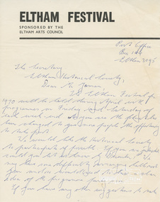 Letter, Invitation to Shire of Eltham Historical Society to participate in 1970 Eltham Festival, October 1969, 1969