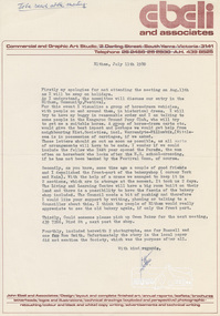 Letter, Letter from Joh Ebeli to Shire of Eltham Historical Society Committee meeting regarding plans for the 1980 Eltham Festival, 11 July 1980, 1980