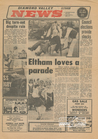 Newspaper clipping, Eltham loves a parade, Diamond Valley News (Eltham), Vol. 33, No. 32, 14 August 1979, p1, 1979